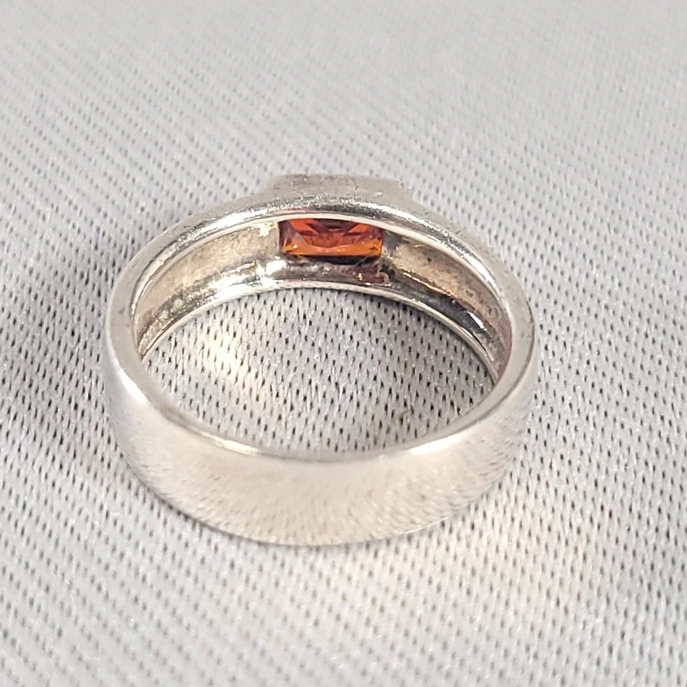 Sterling Silver Ring Women Size 5.5 Tangerine Orange Glass Stone Band Baguette